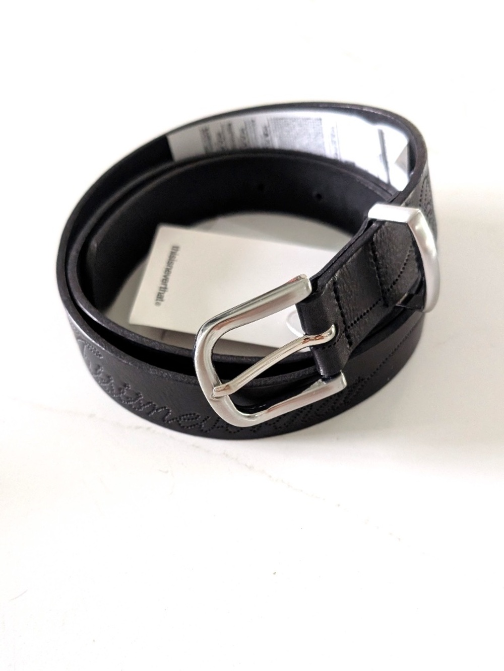 thisisneverthat Dot Leather Belt Black Cowhide Stitched Script Logo OS Korea NWT